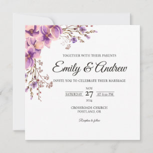 Convites Casamento Quadrado com Aquarela Floral de Lavanda