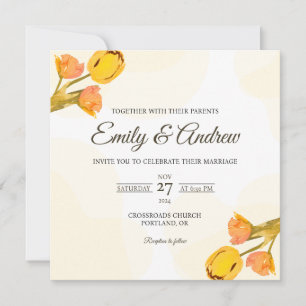 Convites Casamento Quadrado com Tulipa Amarela em Aquarela
