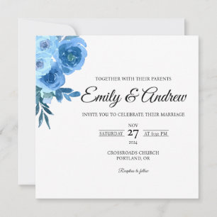 Convites Casamento Quadrado de Aguarela Floral Rosa Azul