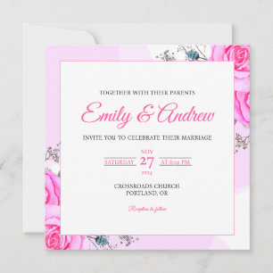 Convites Casamento Quadrado de Aquarela de Rosa Rosa Selvag