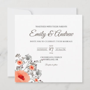 Convites Casamento Quadrado de Aquarela Floral Papoula Selv