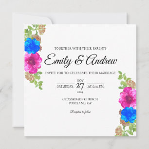 Convites Casamento Quadrado de Aquarela Floral Rosa Azul