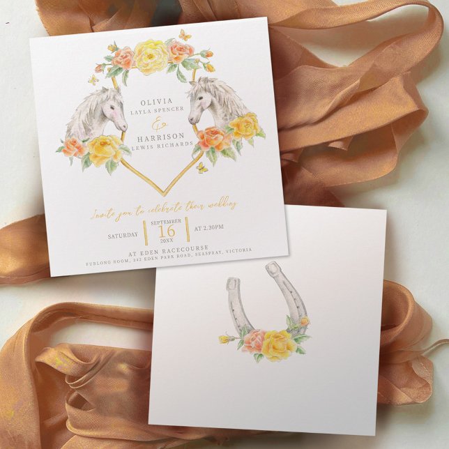 Convites Casamento quadrado de cor d'água de cavalos e rosa (Criador carregado)