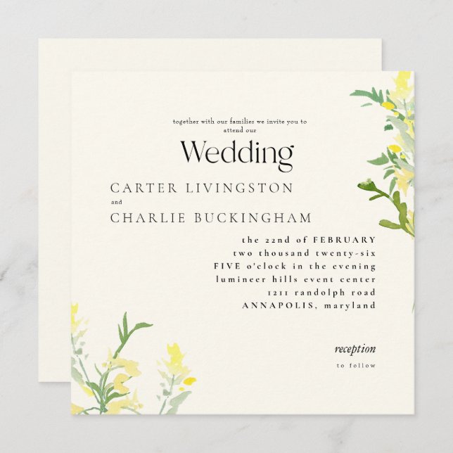 Convites Casamento Quadrado de Flores Amarelas Monograma II (Frente/Verso)