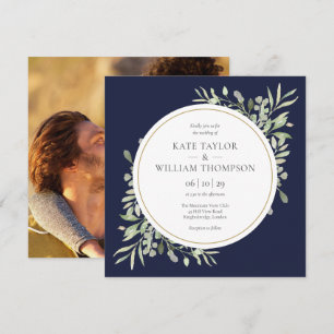 Convites Casamento Quadrado de Foto de Verde Elegante Azul-