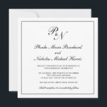 Convites Casamento Quadrado de Monograma Branco e Preto For<br><div class="desc">Convite de casamento tradicional e quadrado clássico com um simples design com seu monograma inicial e seus nomes em um dentro de caligrafia elegante de uma fronteira fina. O dorso é preto sólido. Este clássico design preto e branco é perfeito para um casamento formal.</div>
