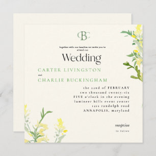 Convites Casamento Quadrado de Monograma de Flores Amarelas