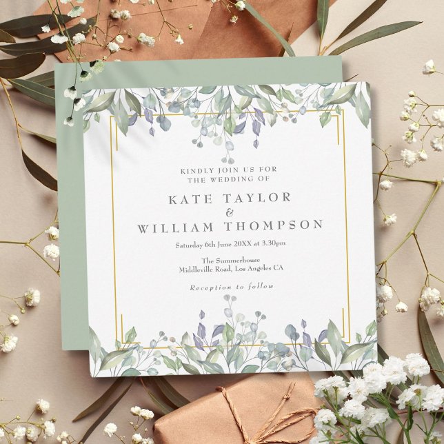 Convites Casamento Quadrado de Verde Folhas de Salvia Lilás (Floral Sage Lilac Greenery Square Wedding Invitation)