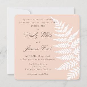 Convites Casamento Quadrado Elegante em Branco e Pêssego Su