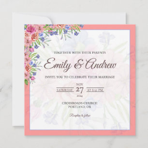 Convites Casamento Quadrado em Aquarela Floral Rosa Coral