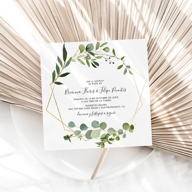 Convites Casamento Quadrado Espanhol de Folhas Verdes Tropi (Criador carregado)