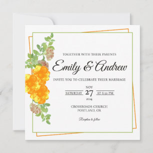 Convites Casamento Quadrado Floral Aguarela Flor Amarelo