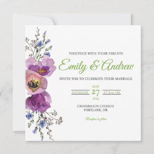Convites Casamento Quadrado Floral Aguarela Roxa
