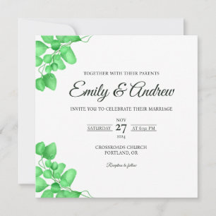 Convites Casamento Quadrado Floral Aquarela Eucalipto Verde