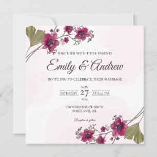 Convites Casamento Quadrado Floral Botânico de Ameixa