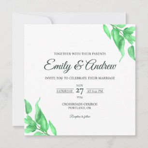 Convites Casamento Quadrado Floral Botânico Verde em Aquare
