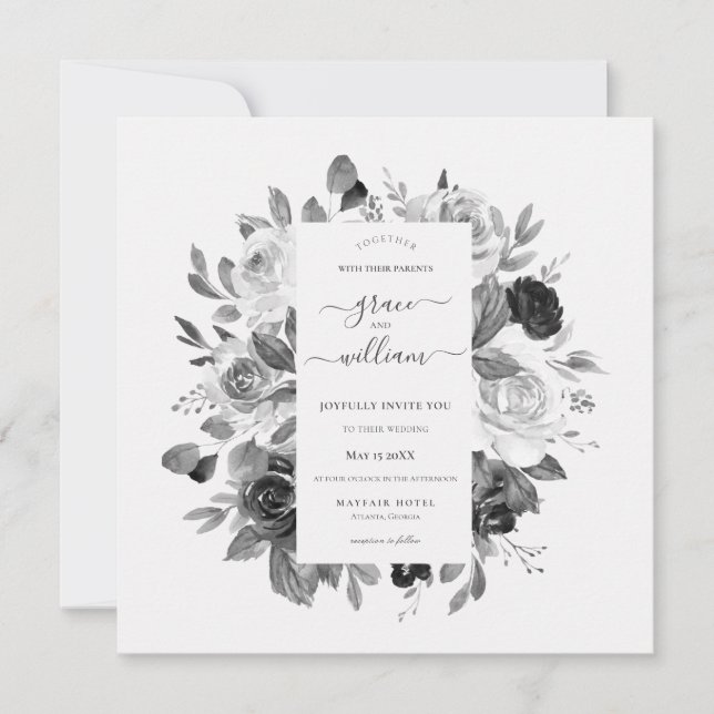 Convites Casamento Quadrado Floral Branco Monocromático Mod (Frente)