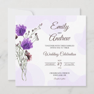 Convites Casamento Quadrado Floral de Aquarela com Flor Sil