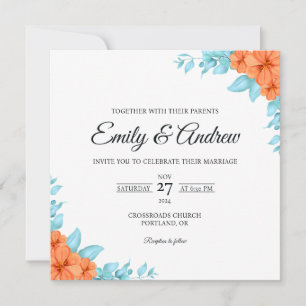 Convites Casamento Quadrado Floral em Aquarela Laranja Turq