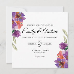 Convites Casamento Quadrado Floral em Aquarela Lavanda Lara