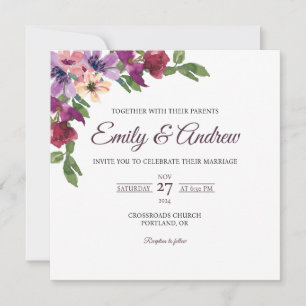 Convites Casamento Quadrado Floral em Aquarela Roxo Borgonh