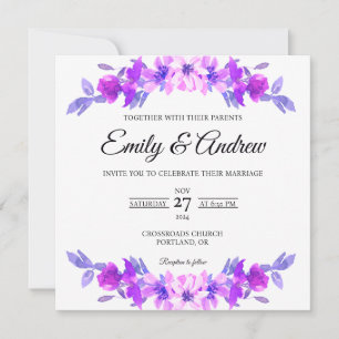 Convites Casamento Quadrado Floral em Arco Roxo em Aquarela