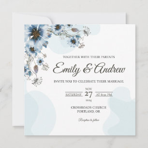 Convites Casamento Quadrado Floral em Azul Desbotado em Aqu