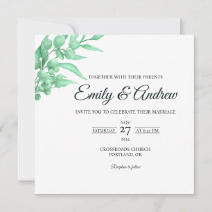 Convites Casamento Quadrado Floral em Verde Menta em Aquare