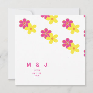 Convites Casamento Quadrado Floral Retro Rosa e Amarelo