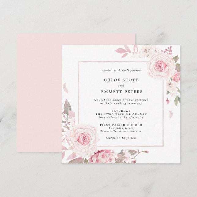 Convites Casamento Quadrado Floral Rosa Rosa Rosa Rosa Rosa (Frente/Verso)