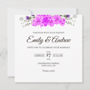 Convites Casamento Quadrado Floral Violeta Rosa em Aquarela