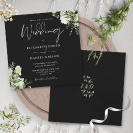 Convites Casamento Quadrado Monograma Preto Branco Folhagem