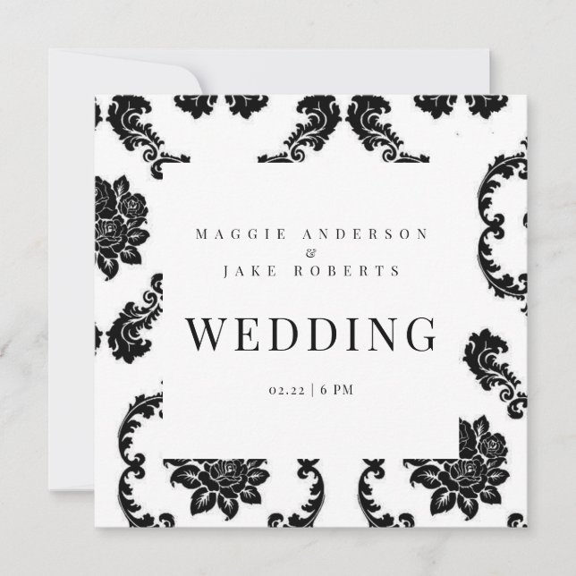Convites Casamento Quadrado Preto e Branco em Damask  (Frente)