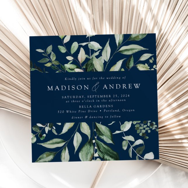 Convites Casamento Quadrado Verdejante Navy (Criador carregado)