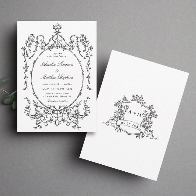 Convites Casamento Quadro Clássico Preto e Branco           (Front & Back)