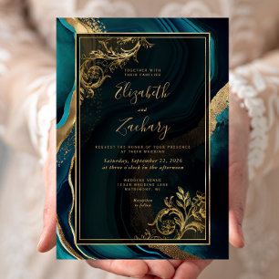 Convites Casamento Quadro de Ágata Verde Luxo Dourado
