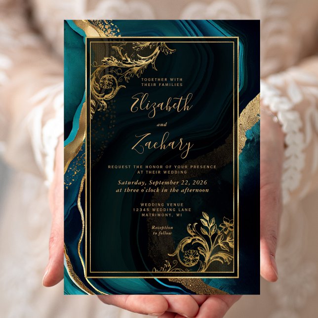 Convites Casamento Quadro de Ágata Verde Luxo Dourado (Criador carregado)