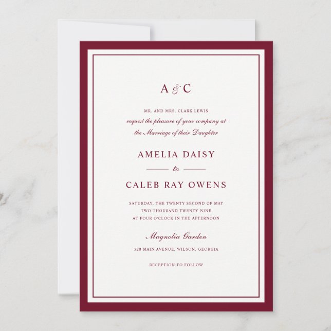 Convites Casamento Quadro de Borda Burgundy Clássico Elegan (Frente)