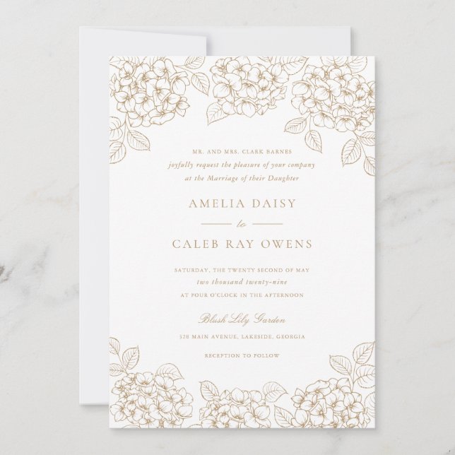 Convites Casamento Quadro de Hortênsia Dourada Floral Elega (Frente)