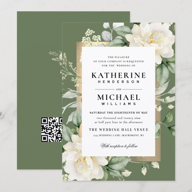 Convites Casamento Quadro de Sage Eucalipto Rosa Marfim e D (Frente/Verso)