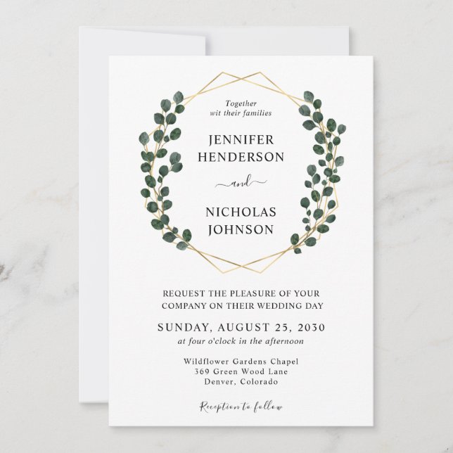 Convites Casamento Quadro Dourado Elegante Eucalipto (Frente)