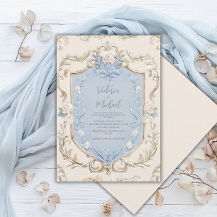 Convites Casamento Quadro Dourado Floral Azul Elegante