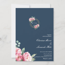 Convites Casamento Quadro Dourado Peônia Beijo Marinho 