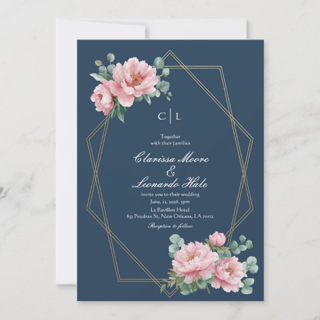 Convites Casamento Quadro Dourado Peônia Beijo Marinho  (Frente)