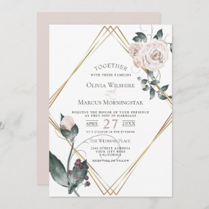 Convites Casamento Quadro Dourado Rosas de Aquarela Rosa-