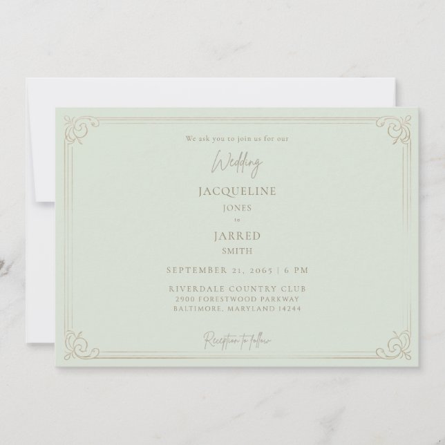 Convites Casamento Quadro Dourado Sage Elegante  (Frente)