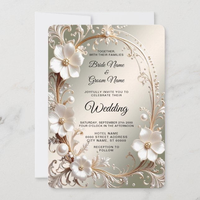 Convites Casamento Quadro Floral Branco Ornate (Frente)