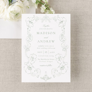 Convites Casamento Quadro Floral Ornate Verde Sage Elegante