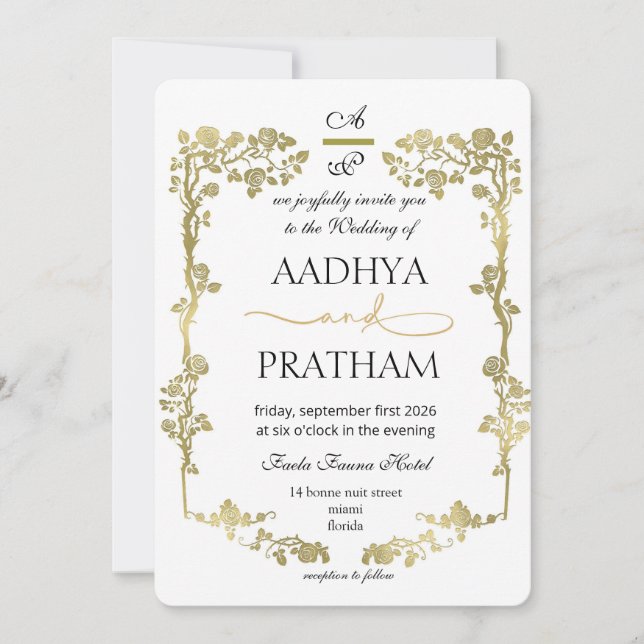 Convites Casamento Quadro Floral Ouro Luxo (Frente)