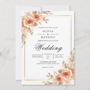 Convites Casamento Quadro Floral Rosa Bege